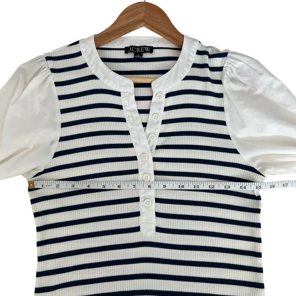 J.Crew Navy Blue Striped Rubbed Puff Sleeve Henley Blouse SZ M Nautical Coastal
